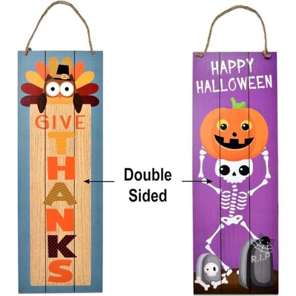 Thanksgiving Fall Welcome Sign Set of 2 Hanging Wood Double Sided 17"x 6" - Picture 4 of 7